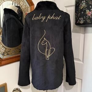 VTG Y2K Baby Phat Black Faux Seude Raw Edge Faux Fur Lined Shearling Jacket S